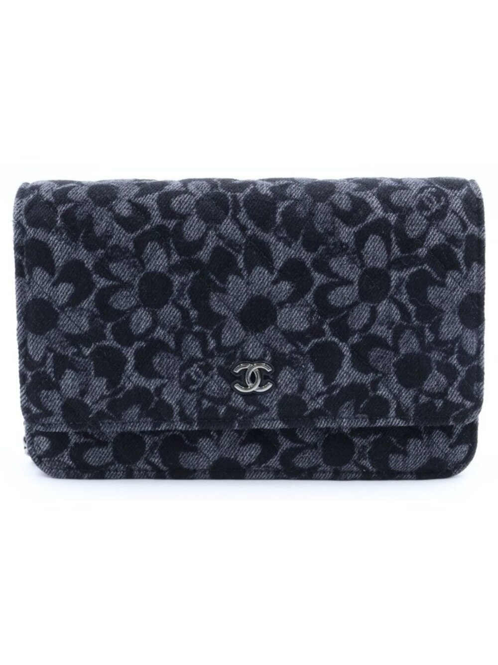 Chanel Chain Wallet Floral Print Denim Shoulder Bag Pouch Black Plate